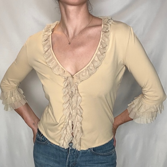 Moschino Jeans Beige Mesh Ruffle Trim Cardi/Blouse - Picture 3 of 11